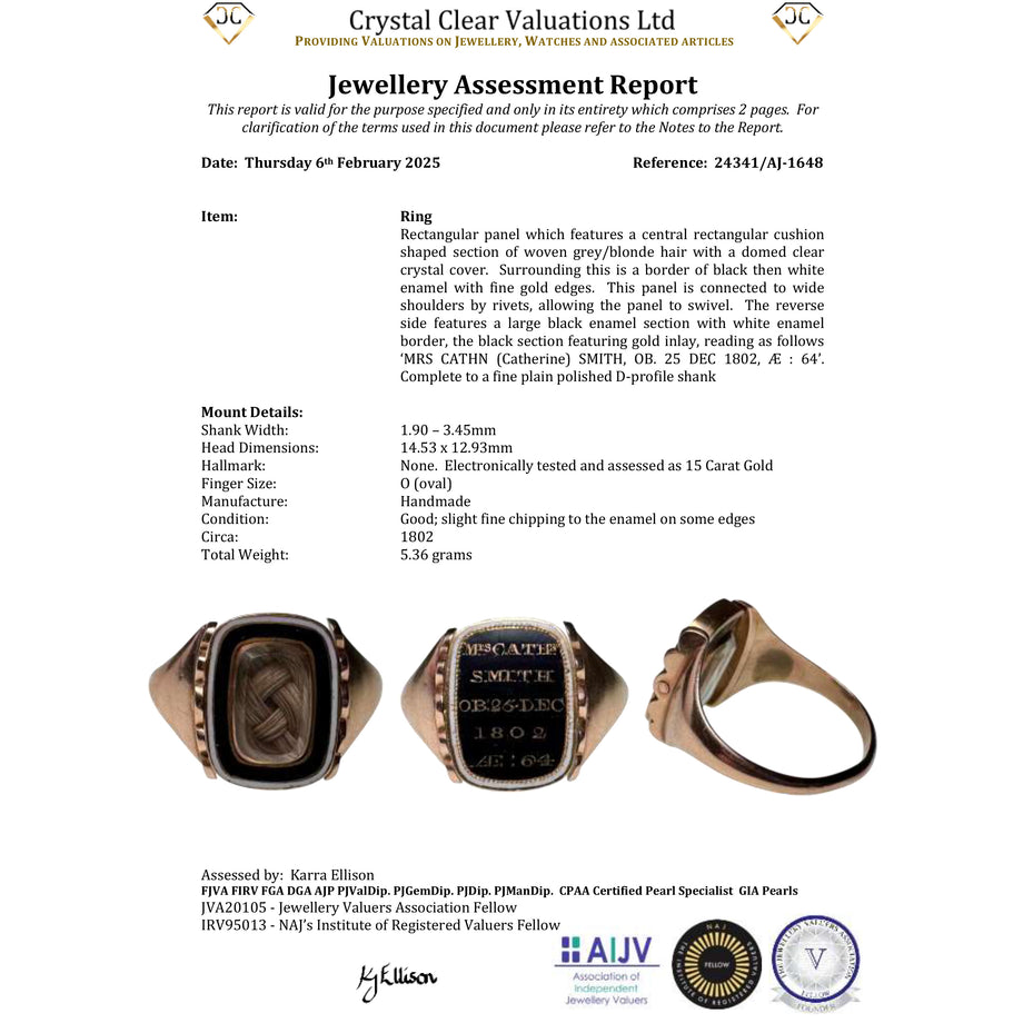 The Antique Georgian 1802 Swivel Hairwork Enamel Mourning Ring