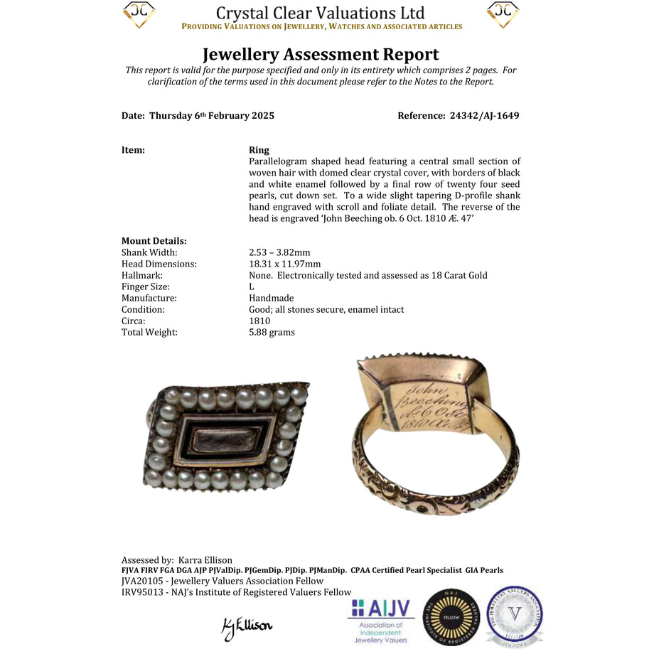 The Antique Georgian 1810 Hairwork, Enamel and Pearl Mourning Ring