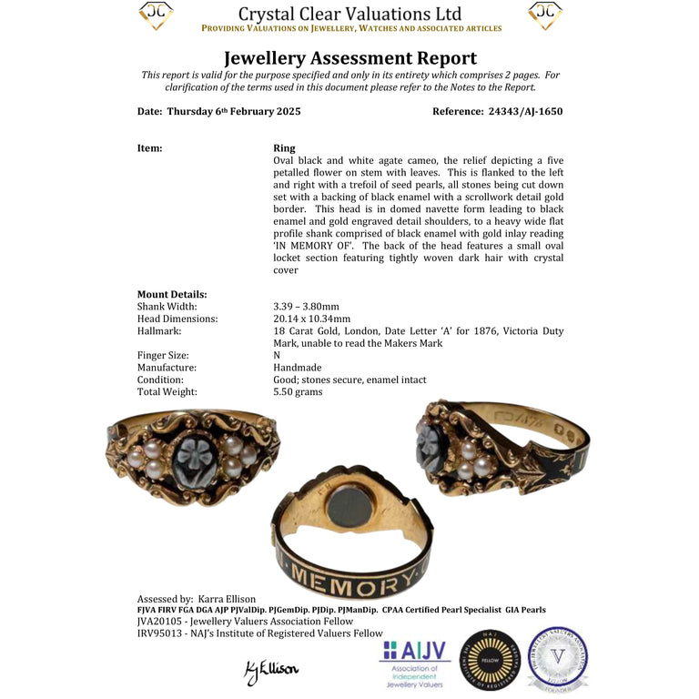 The Antique Victorian 1876 Pearl Cameo Flower Mourning Ring