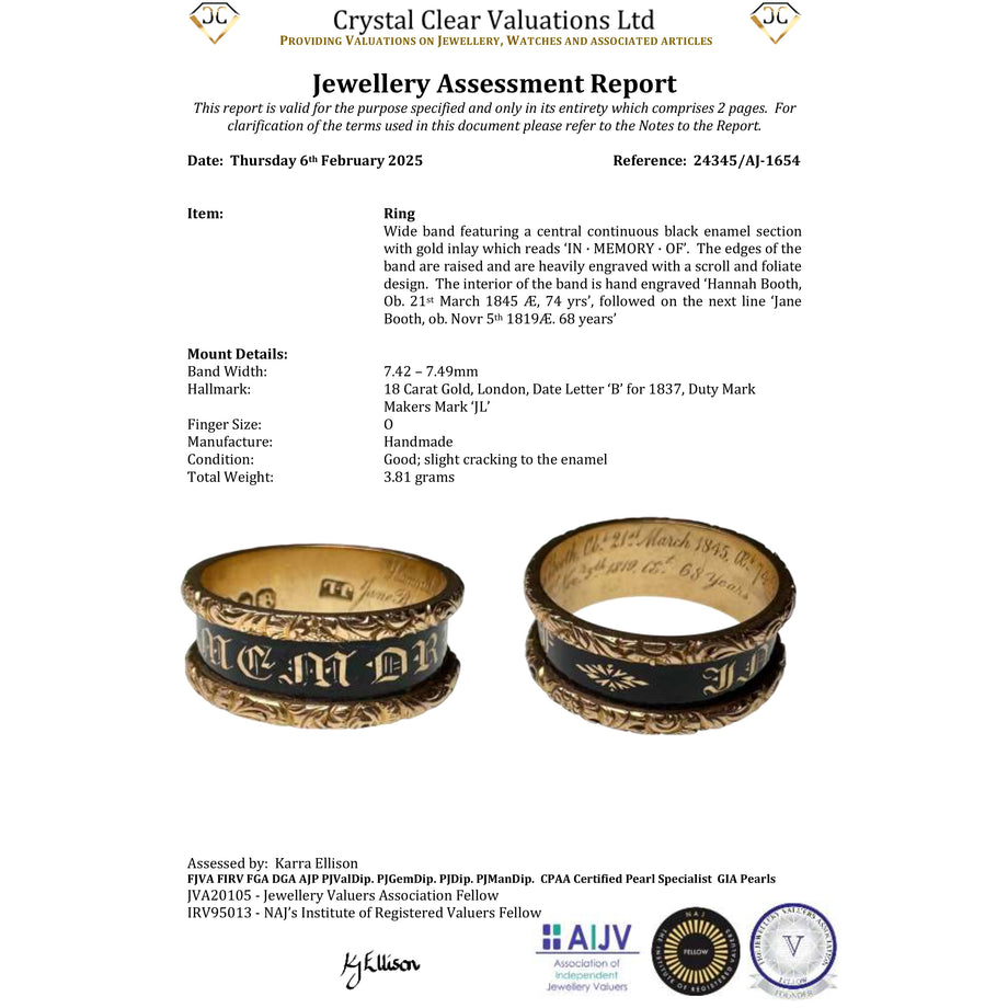 The Antique Victorian 1837 'In Memory Of' 18ct Gold Engraved Mourning Ring