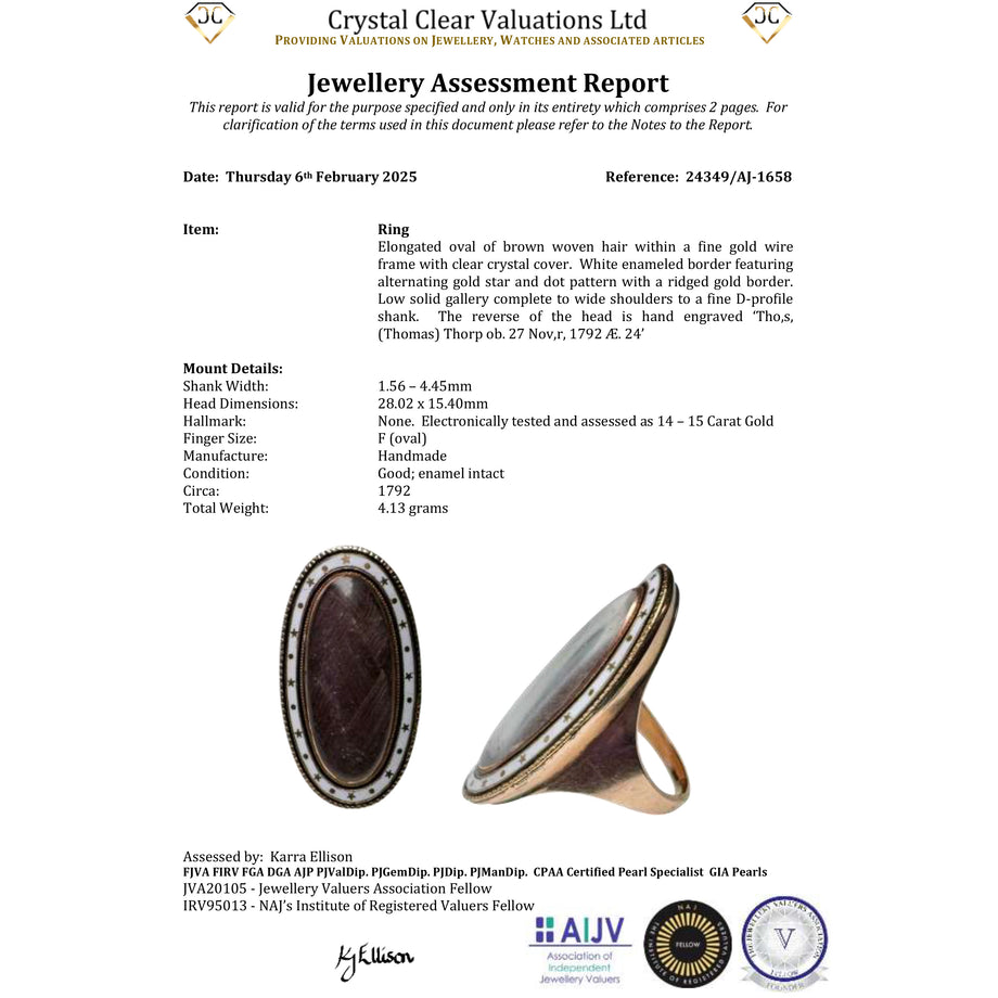 The Antique Georgian 1792 White Enamel Stars and Hairwork Mourning Ring