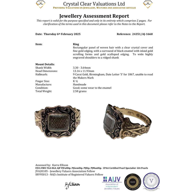 The Antique Victorian 1864 Enamel and Hairwork 9ct Gold Mourning Ring