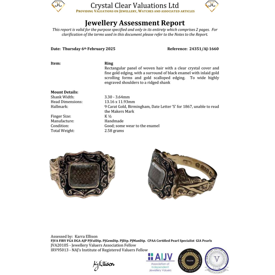 The Antique Victorian 1864 Enamel and Hairwork 9ct Gold Mourning Ring