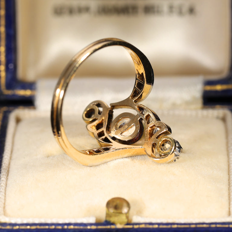 The Antique 1917 Baroque Pearl and Rose Cut Diamond Elaborate Ring