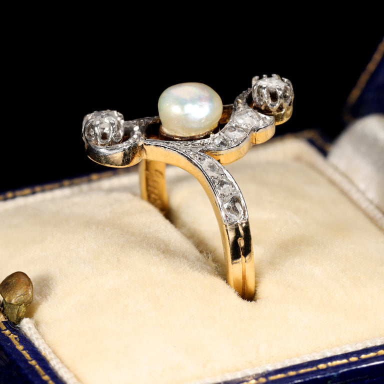 The Antique 1917 Baroque Pearl and Rose Cut Diamond Elaborate Ring