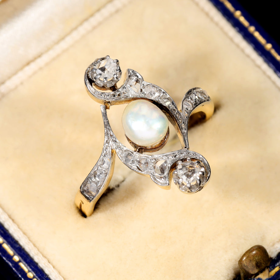 The Antique 1917 Baroque Pearl and Rose Cut Diamond Elaborate Ring