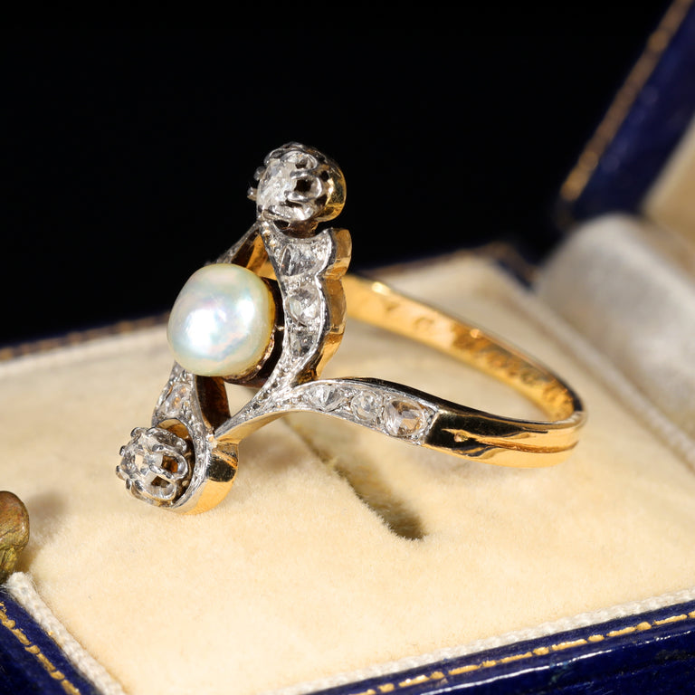 The Antique 1917 Baroque Pearl and Rose Cut Diamond Elaborate Ring