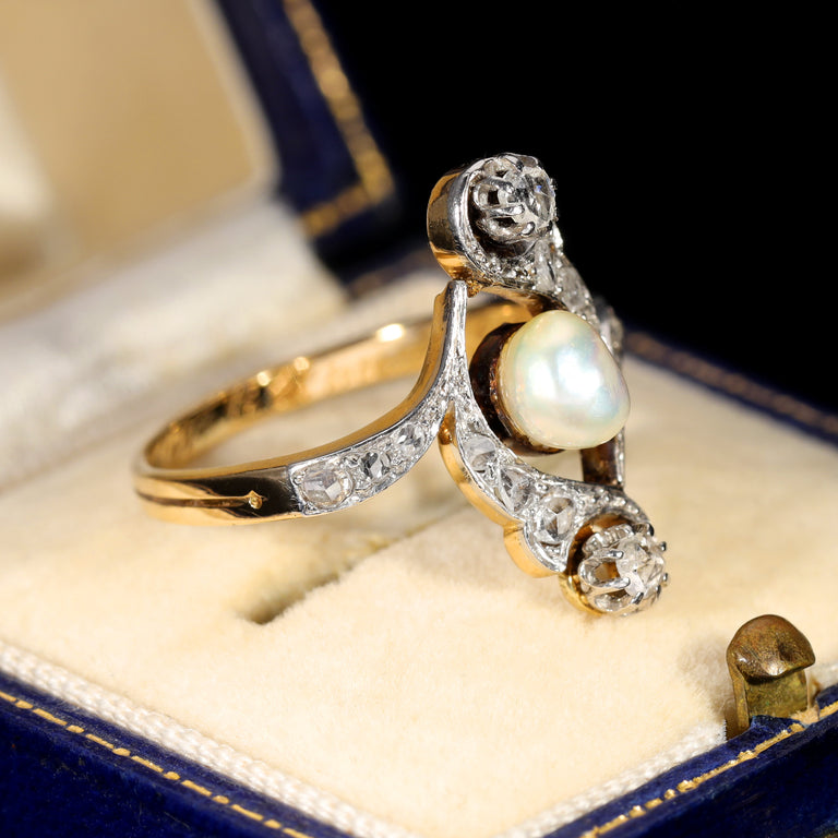 The Antique 1917 Baroque Pearl and Rose Cut Diamond Elaborate Ring