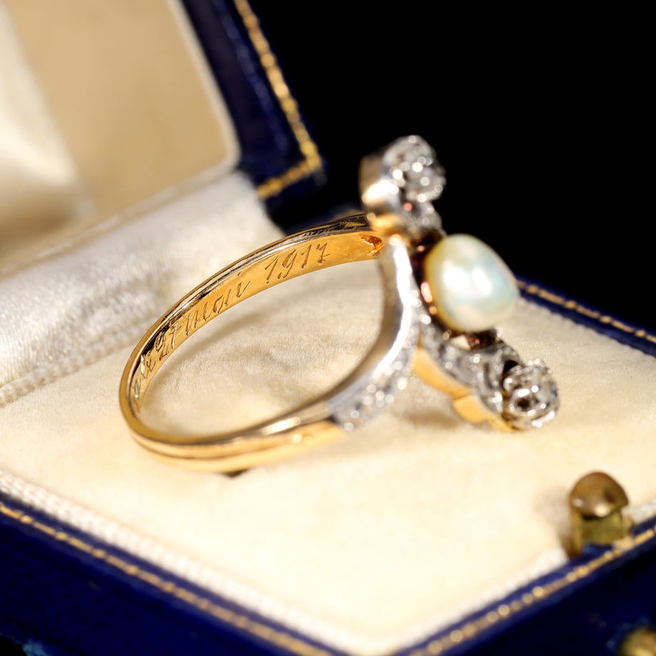 The Antique 1917 Baroque Pearl and Rose Cut Diamond Elaborate Ring