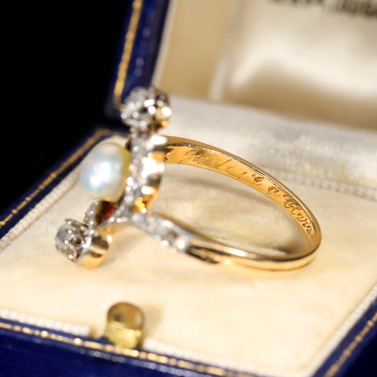 The Antique 1917 Baroque Pearl and Rose Cut Diamond Elaborate Ring