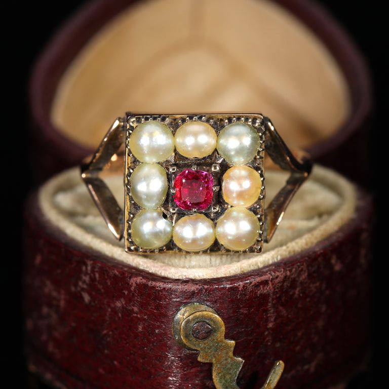 The Antique Victorian Pearl and Ruby Cluster Ring
