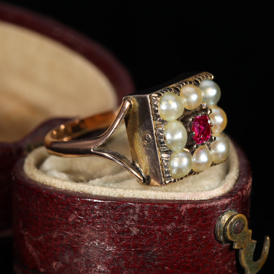 The Antique Victorian Pearl and Ruby Cluster Ring