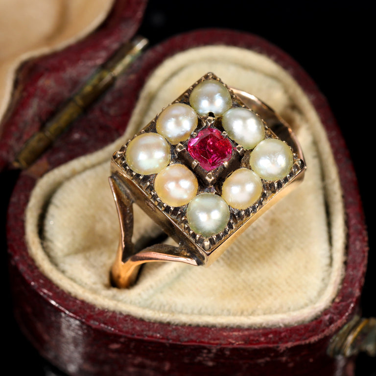 The Antique Victorian Pearl and Ruby Cluster Ring