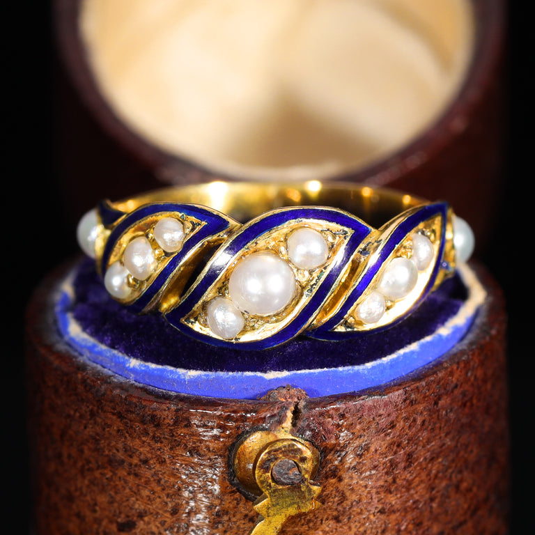 The Antique Victorian Pearl and Blue Enamel Flourish Ring