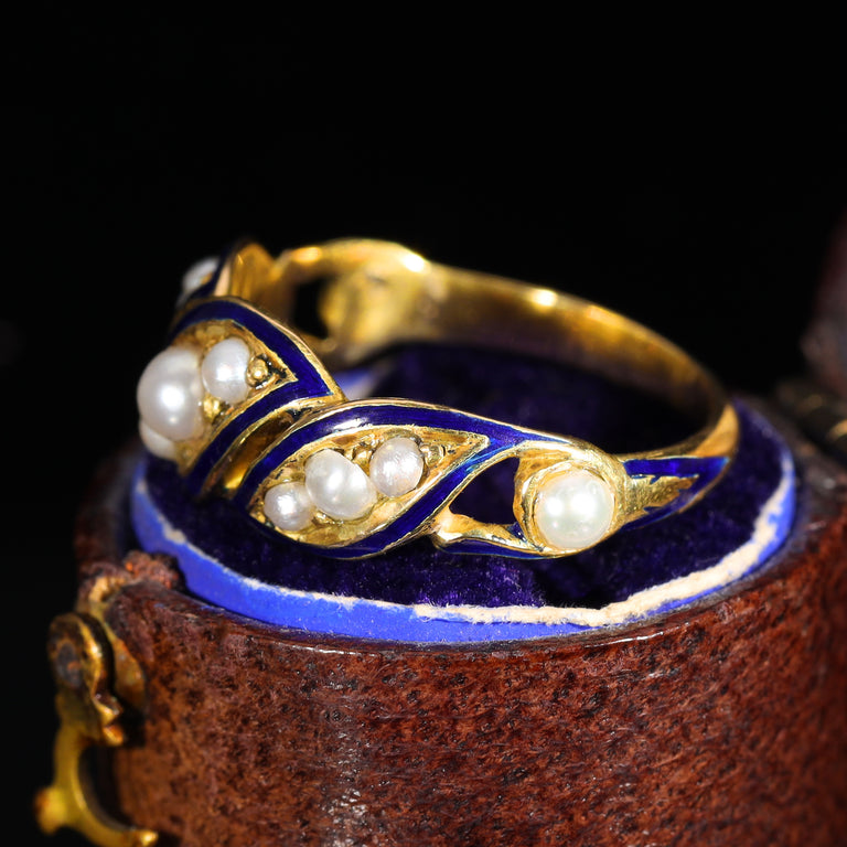 The Antique Victorian Pearl and Blue Enamel Flourish Ring