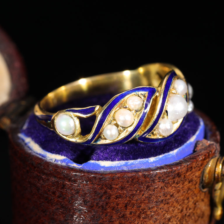 The Antique Victorian Pearl and Blue Enamel Flourish Ring