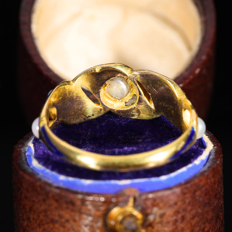 The Antique Victorian Pearl and Blue Enamel Flourish Ring