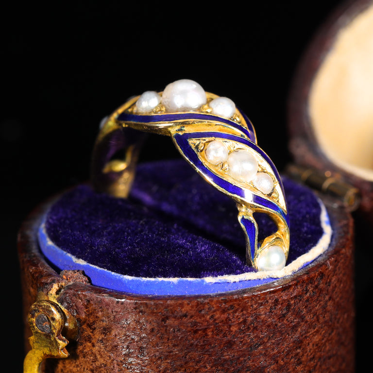 The Antique Victorian Pearl and Blue Enamel Flourish Ring