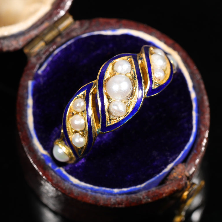The Antique Victorian Pearl and Blue Enamel Flourish Ring