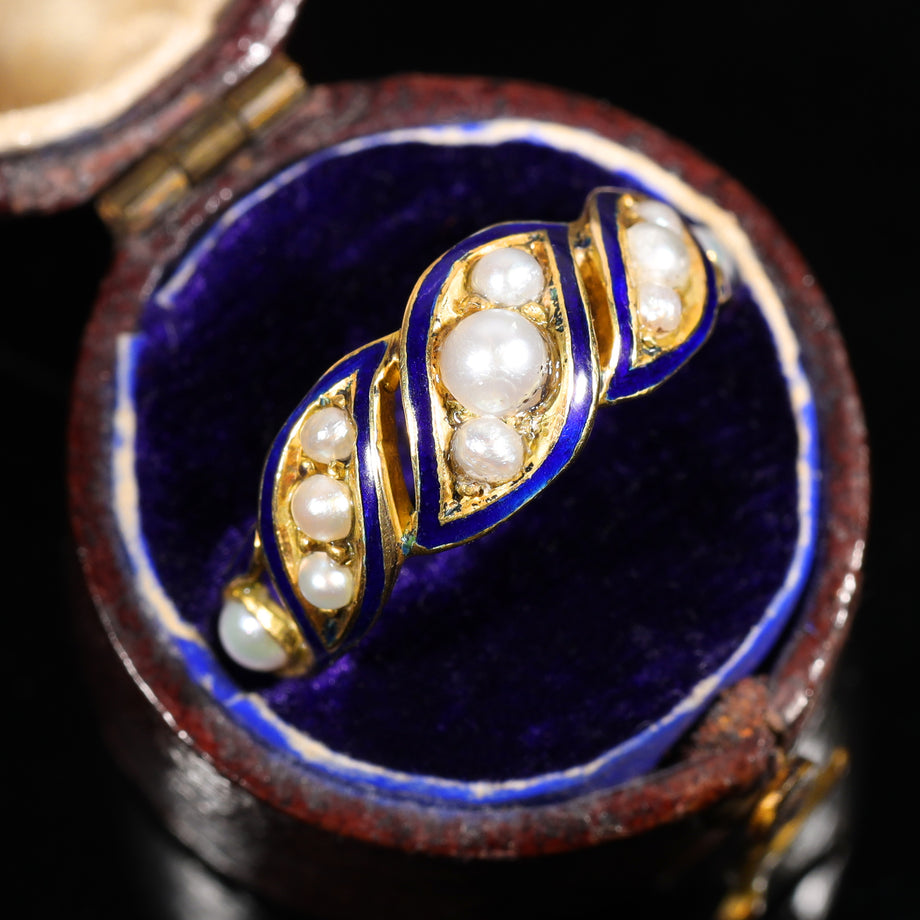 The Antique Victorian Pearl and Blue Enamel Flourish Ring