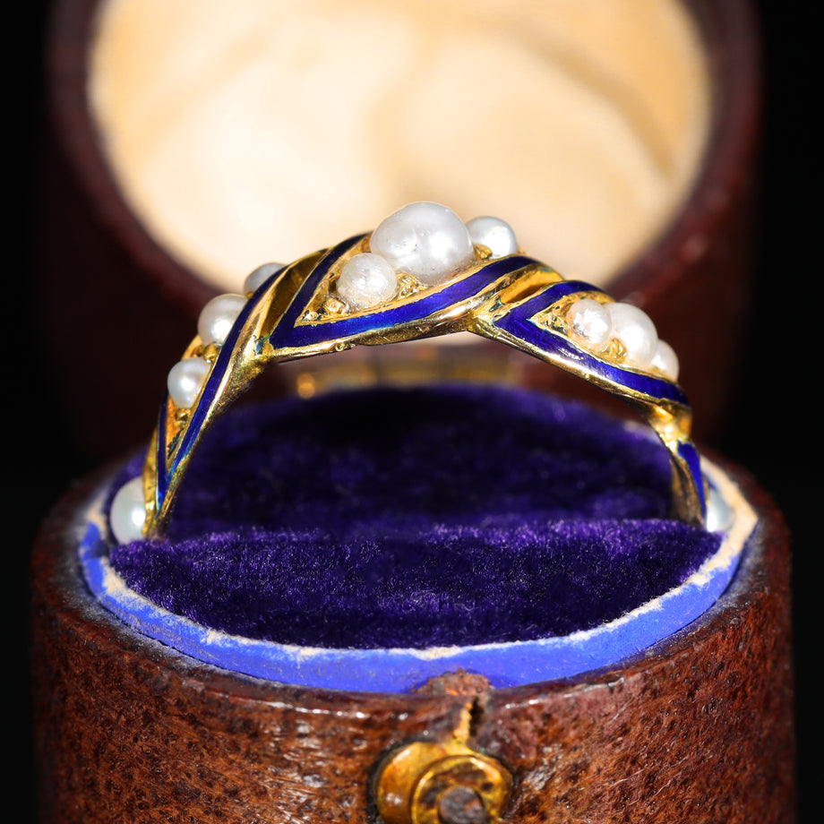 The Antique Victorian Pearl and Blue Enamel Flourish Ring