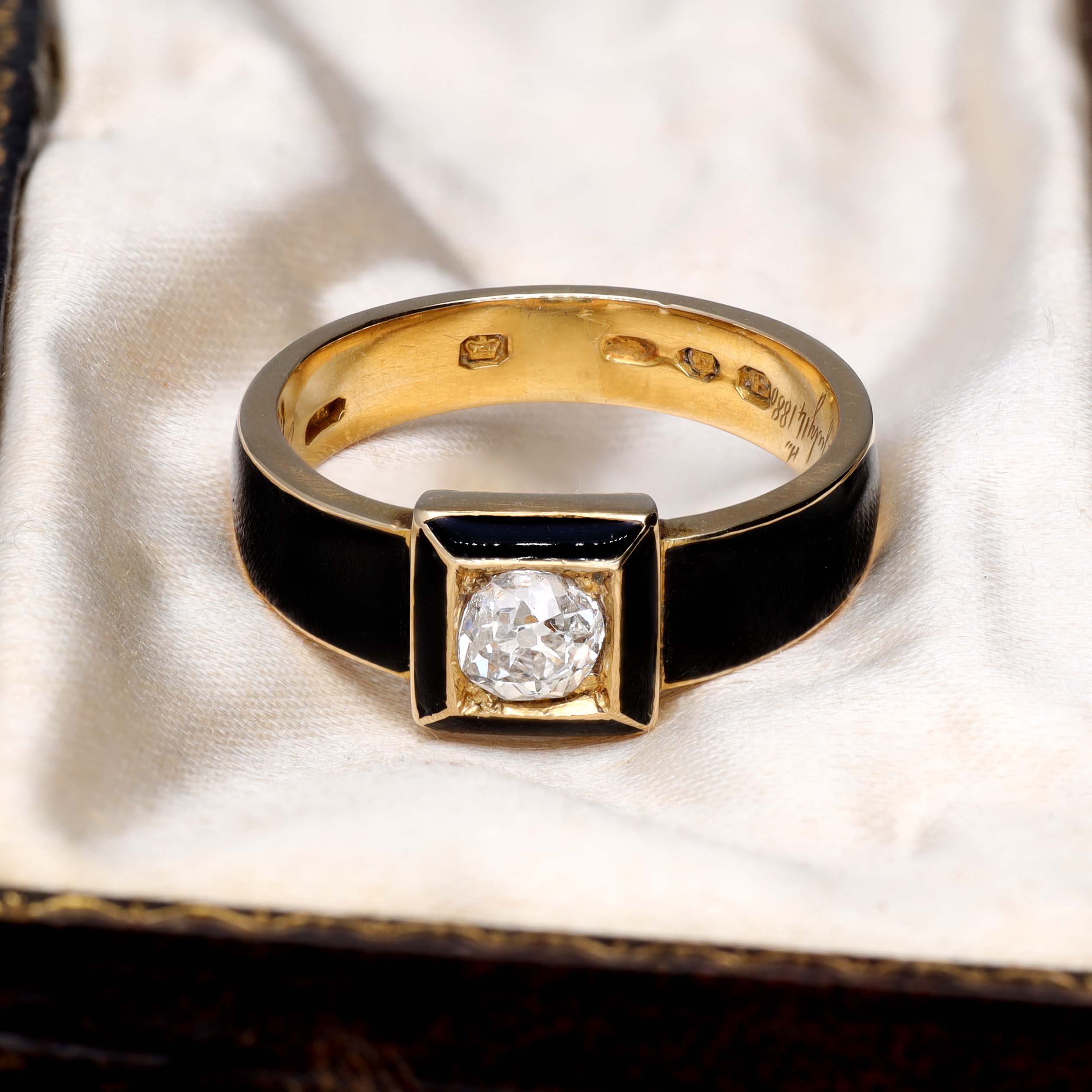 The Antique Black Enamel and Cushion Cut Diamond Mourning Ring - Antique Jewellers