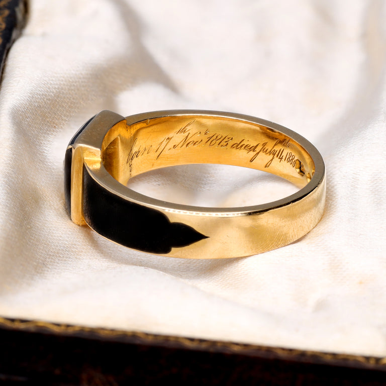 The Antique Black Enamel and Cushion Cut Diamond Mourning Ring