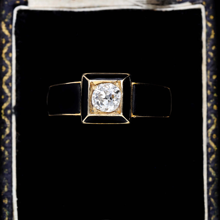 The Antique Black Enamel and Cushion Cut Diamond Mourning Ring - Antique Jewellers