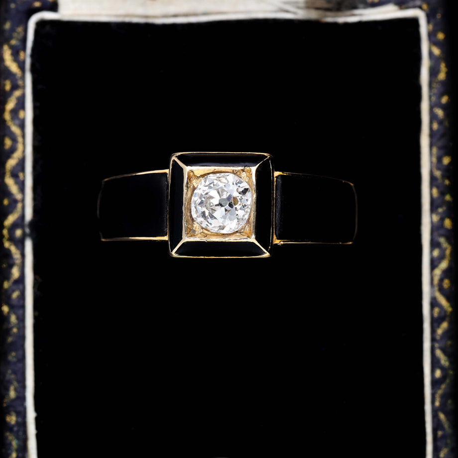 The Antique Black Enamel and Cushion Cut Diamond Mourning Ring - Antique Jewellers