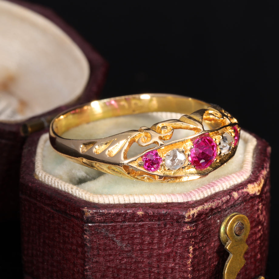 The Antique Victorian Synthetic Ruby and Diamond Boat Ring