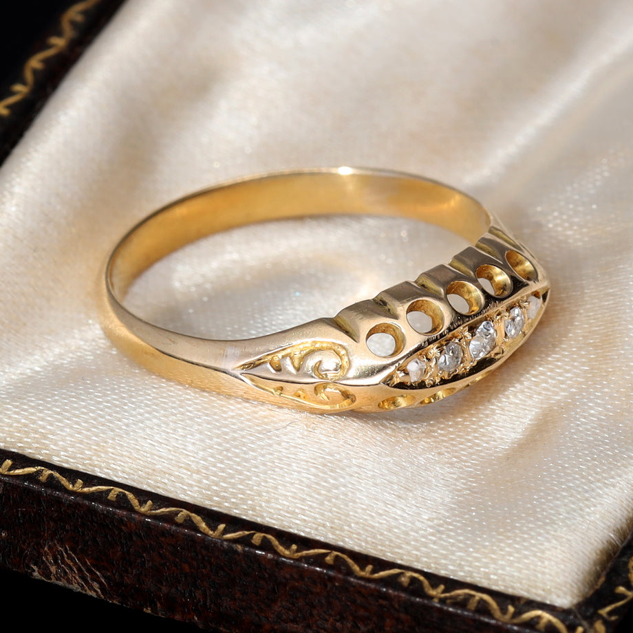 The Antique 1917 Five Stone Old Cut Diamond Boat Ring - Antique Jewellers