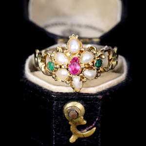 The Antique Ruby, Pearl and Emerald Daisy Ring - Antique Jewellers