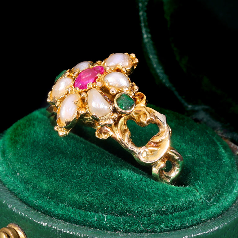 The Antique Victorian Ruby, Pearl and Emerald Daisy Ring