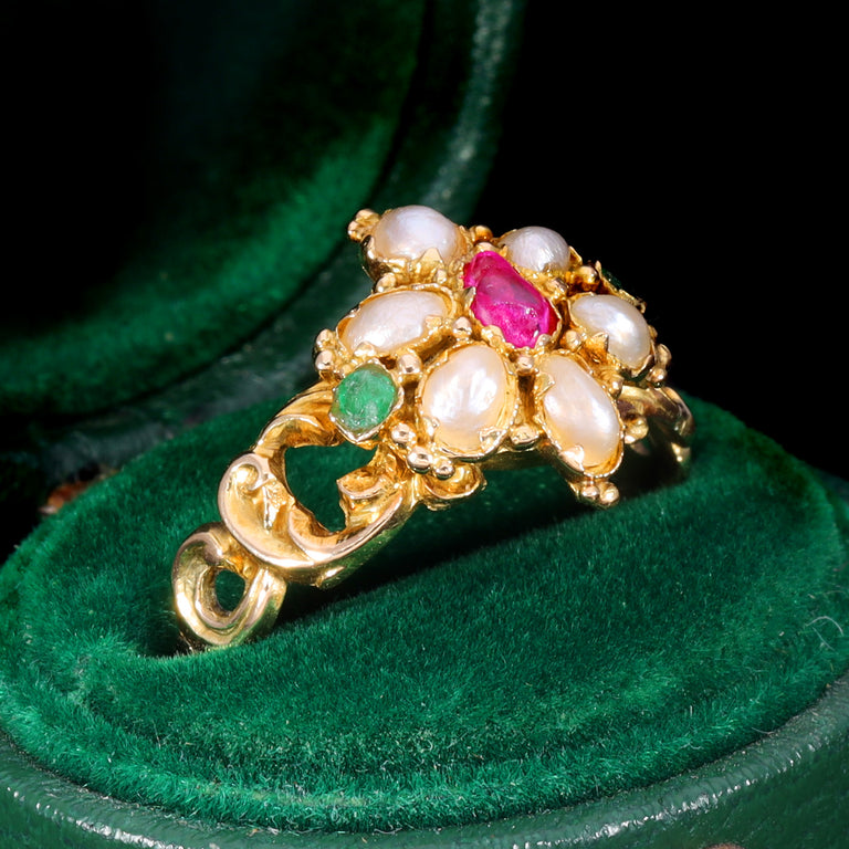 The Antique Victorian Ruby, Pearl and Emerald Daisy Ring