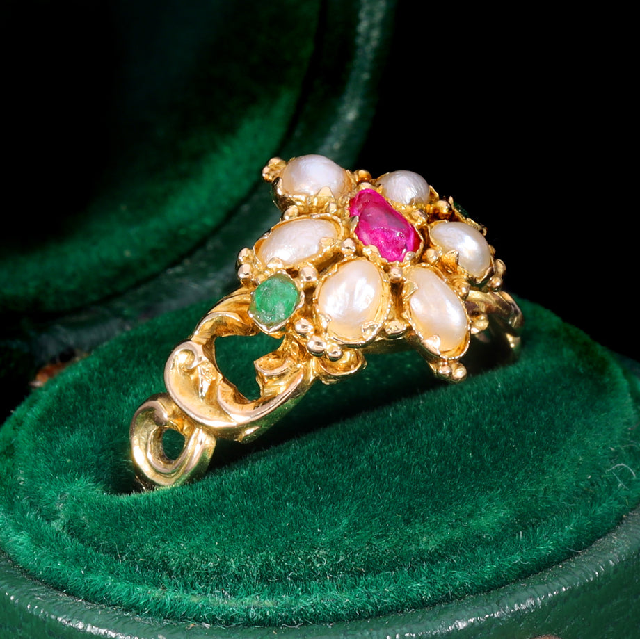 The Antique Victorian Ruby, Pearl and Emerald Daisy Ring