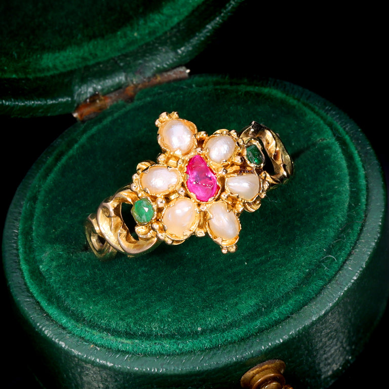 The Antique Victorian Ruby, Pearl and Emerald Daisy Ring