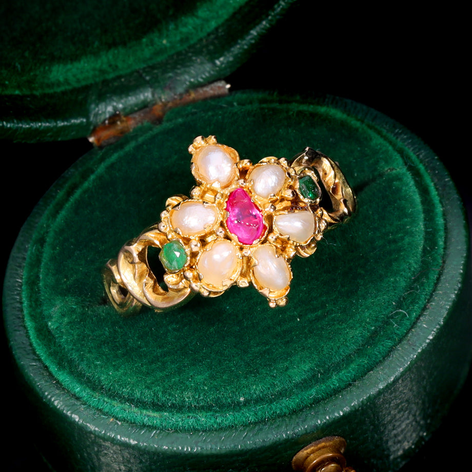The Antique Victorian Ruby, Pearl and Emerald Daisy Ring