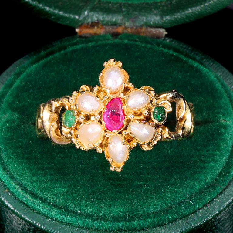 The Antique Victorian Ruby, Pearl and Emerald Daisy Ring