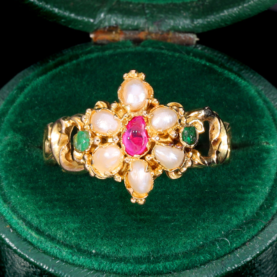 The Antique Victorian Ruby, Pearl and Emerald Daisy Ring