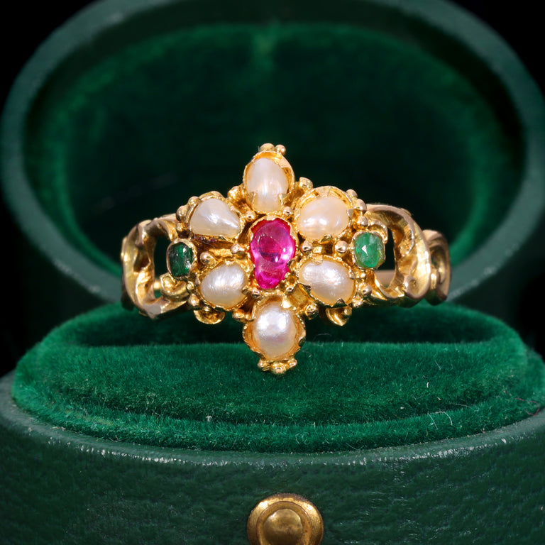 The Antique Victorian Ruby, Pearl and Emerald Daisy Ring