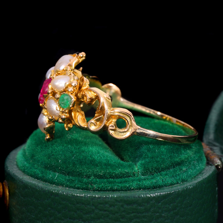 The Antique Victorian Ruby, Pearl and Emerald Daisy Ring