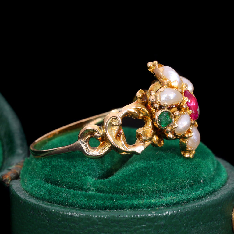 The Antique Victorian Ruby, Pearl and Emerald Daisy Ring