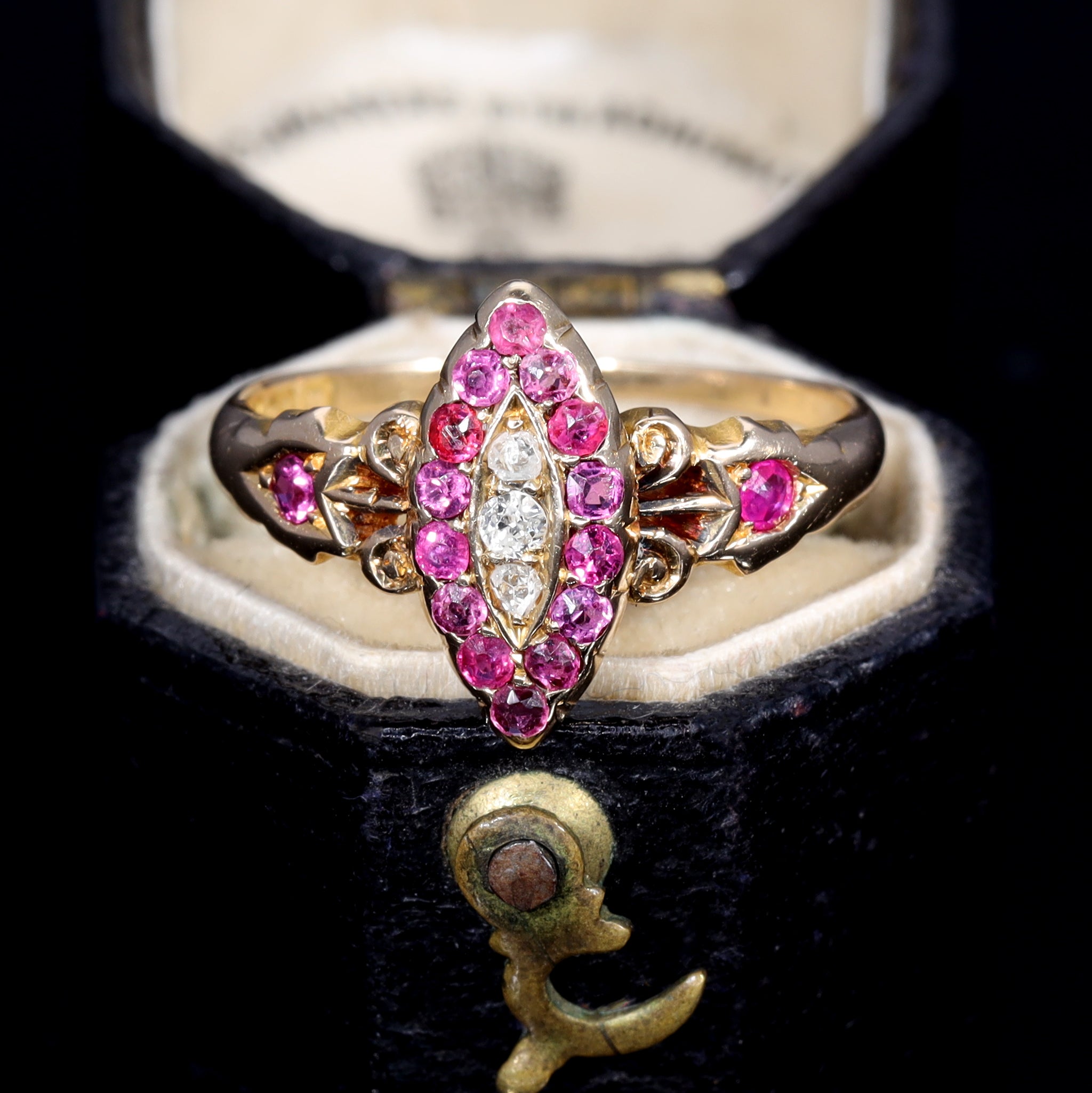 The Antique 1901 Ruby and Old Cut Diamond Navette Ring - Antique Jewellers