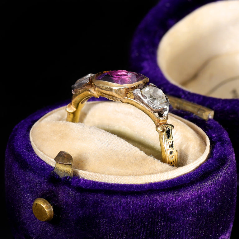 The Antique Georgian Foiled Back Amethyst and Diamond Mourning Ring