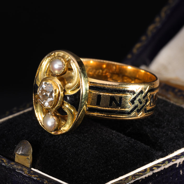 The Antique Victorian 1893 Diamond and Pearl Memorial Ring
