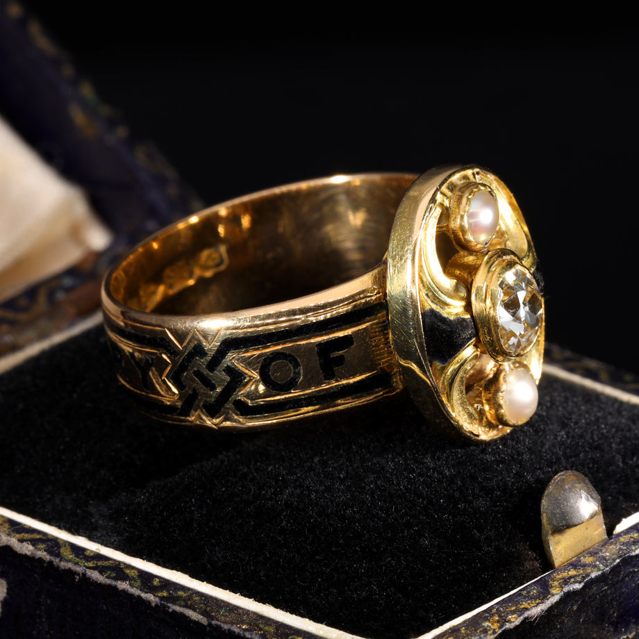 The Antique Victorian 1893 Diamond and Pearl Memorial Ring
