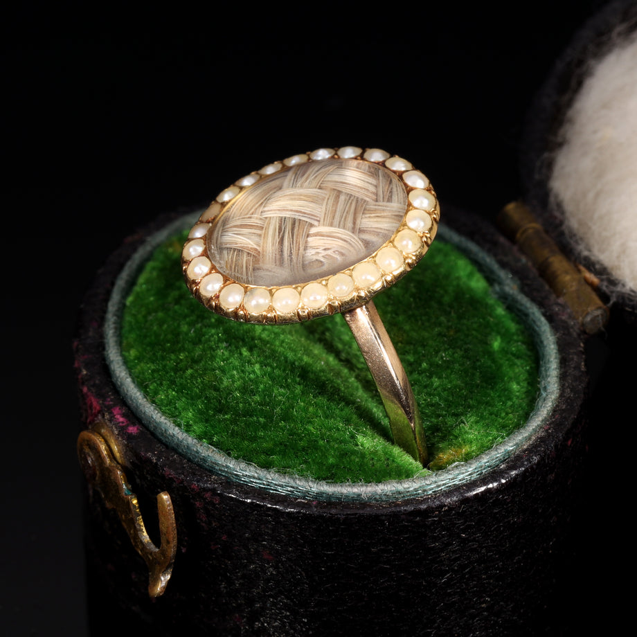 The Antique Georgian 1777 Pearl and Hairwork Mourning Ring