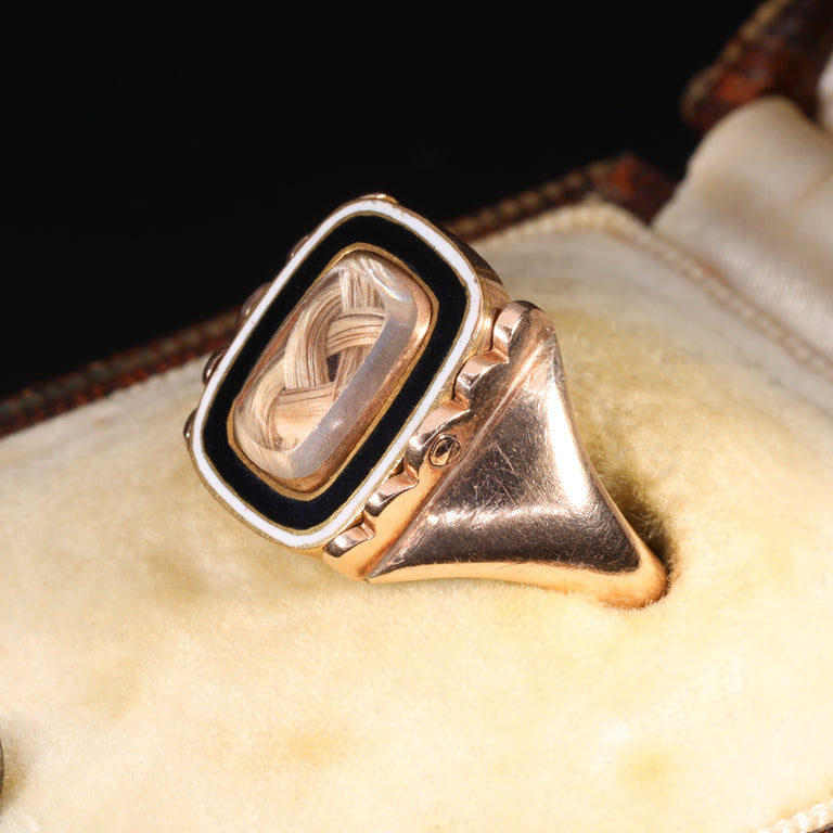 The Antique Georgian 1802 Swivel Hairwork Enamel Mourning Ring