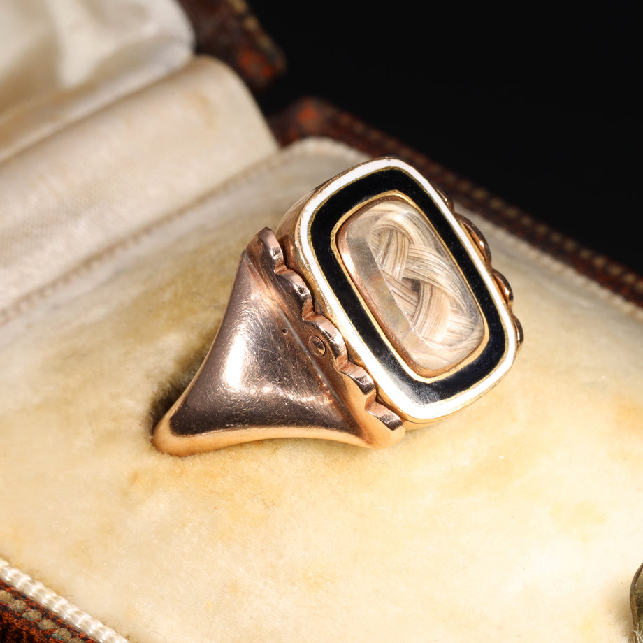 The Antique Georgian 1802 Swivel Hairwork Enamel Mourning Ring