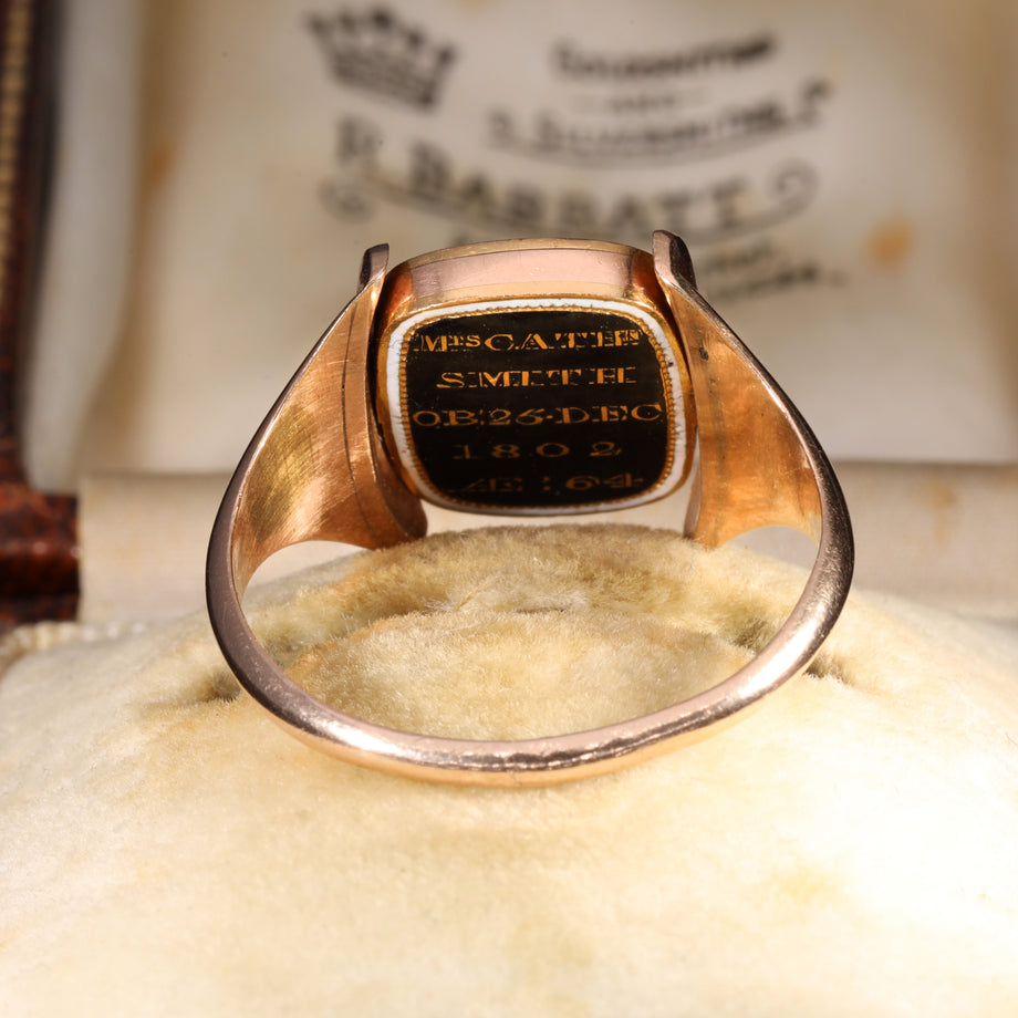 The Antique Georgian 1802 Swivel Hairwork Enamel Mourning Ring